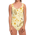 Flower Bee Pattern Print One Piece Swimsuit