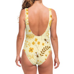 Flower Bee Pattern Print One Piece Swimsuit