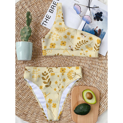 Flower Bee Pattern Print One Shoulder Bikini Top