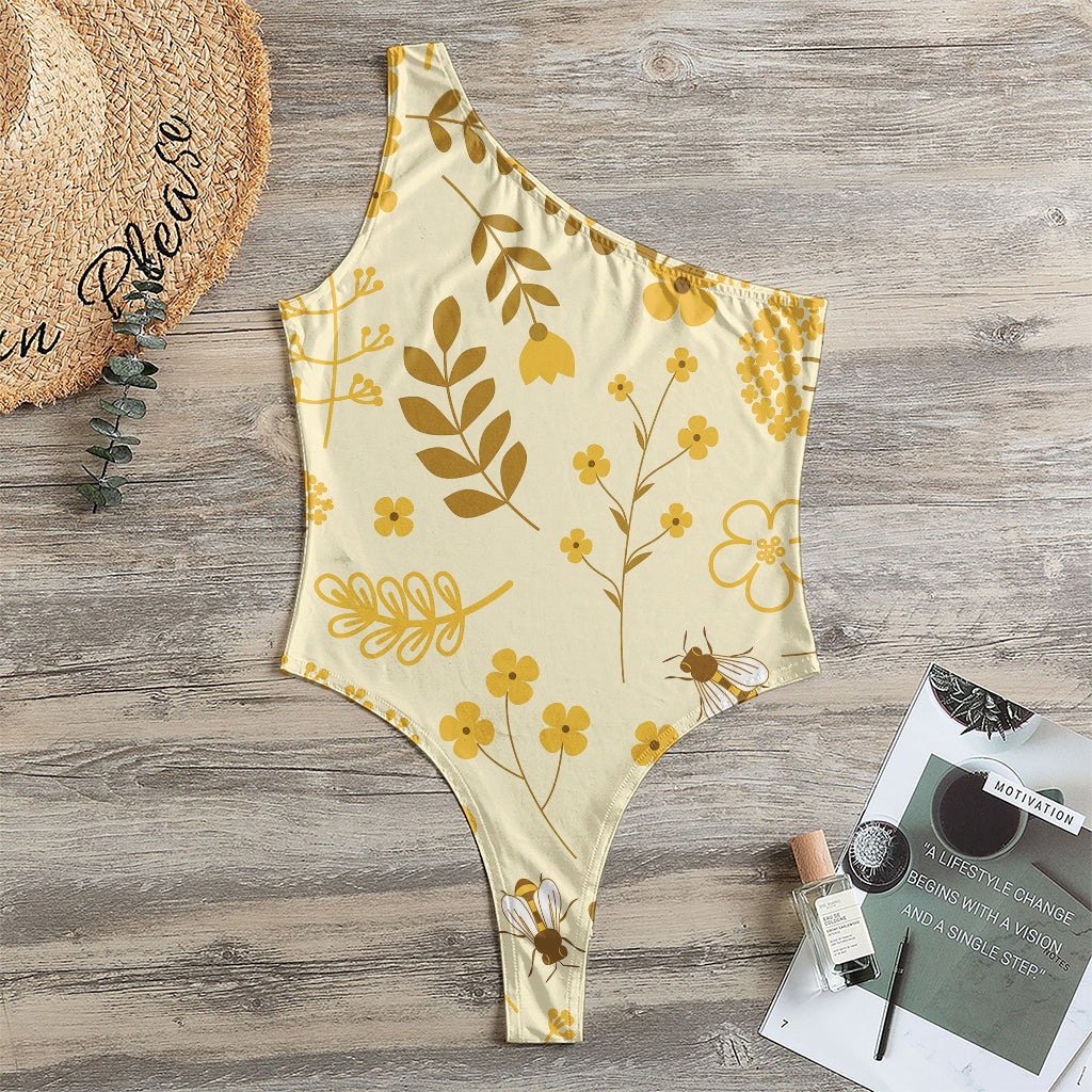 Flower Bee Pattern Print One Shoulder Bodysuit