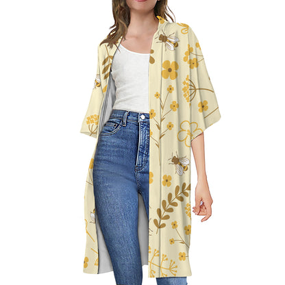 Flower Bee Pattern Print Open Front Beach Cover Up