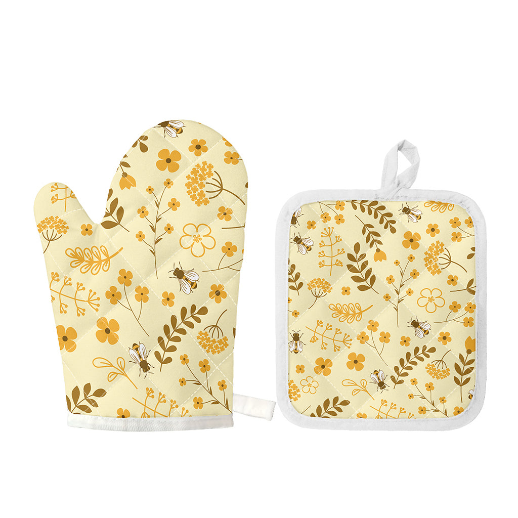 Flower Bee Pattern Print Oven Mitt And Pot Holder Set