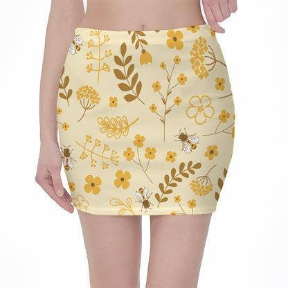 Flower Bee Pattern Print Pencil Mini Skirt