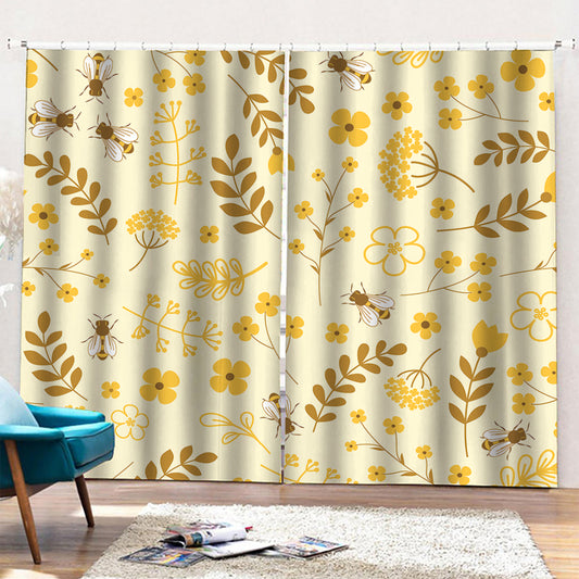 Flower Bee Pattern Print Pencil Pleat Curtains