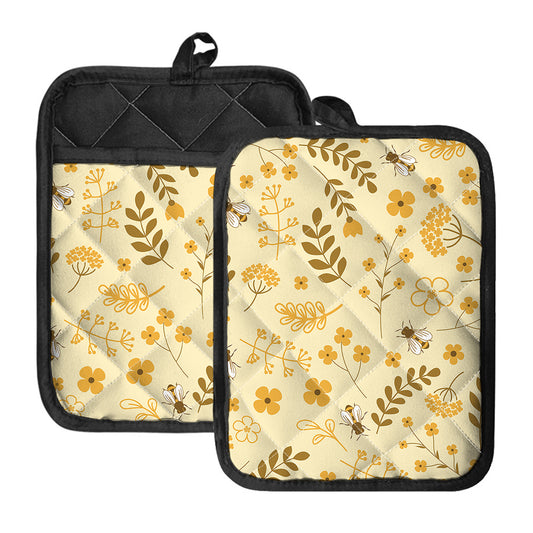 Flower Bee Pattern Print Pot Holders With Pocket