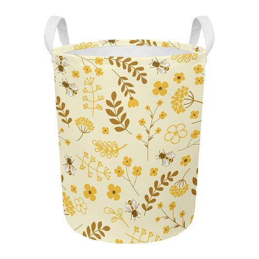 Flower Bee Pattern Print Round Laundry Basket