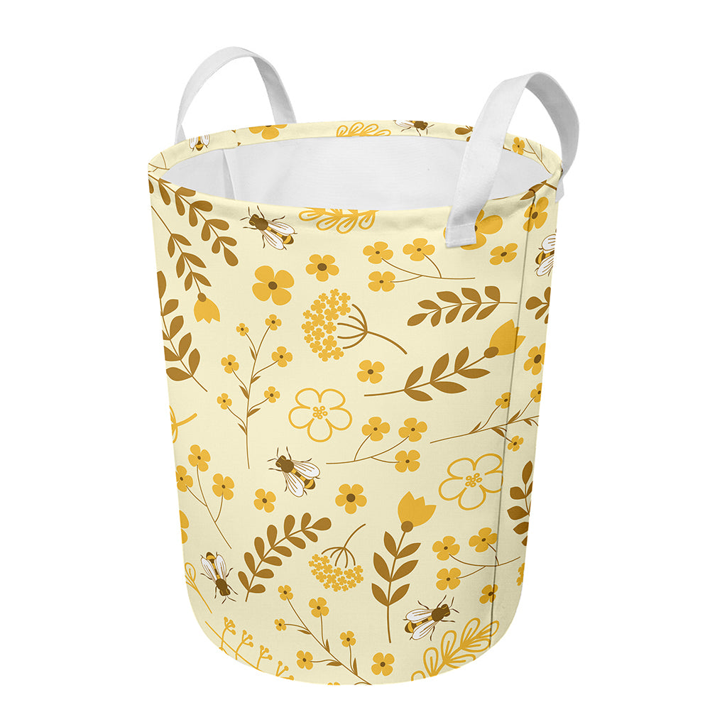 Flower Bee Pattern Print Round Laundry Basket