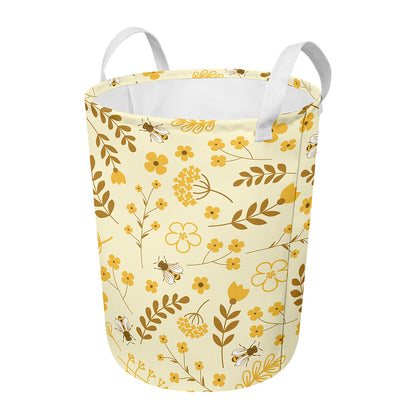 Flower Bee Pattern Print Round Laundry Basket