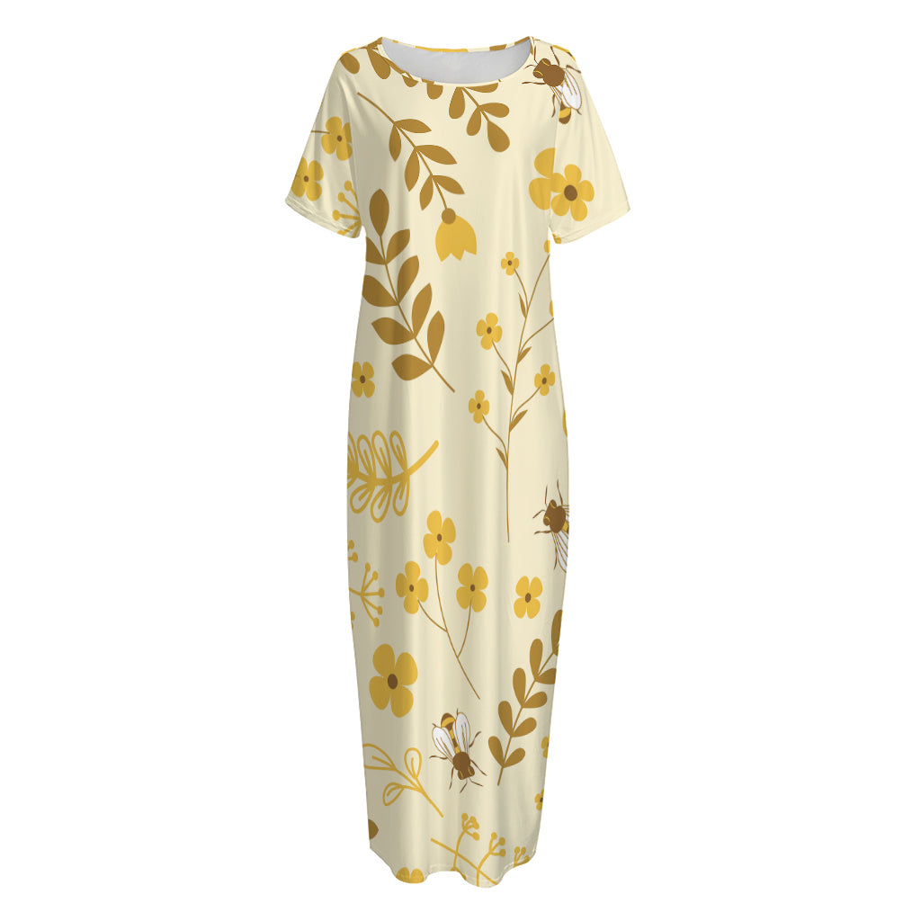 Flower Bee Pattern Print Short Sleeve Long Nightdress