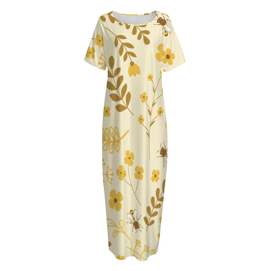 Flower Bee Pattern Print Short Sleeve Long Nightdress