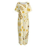 Flower Bee Pattern Print Short Sleeve Long Nightdress