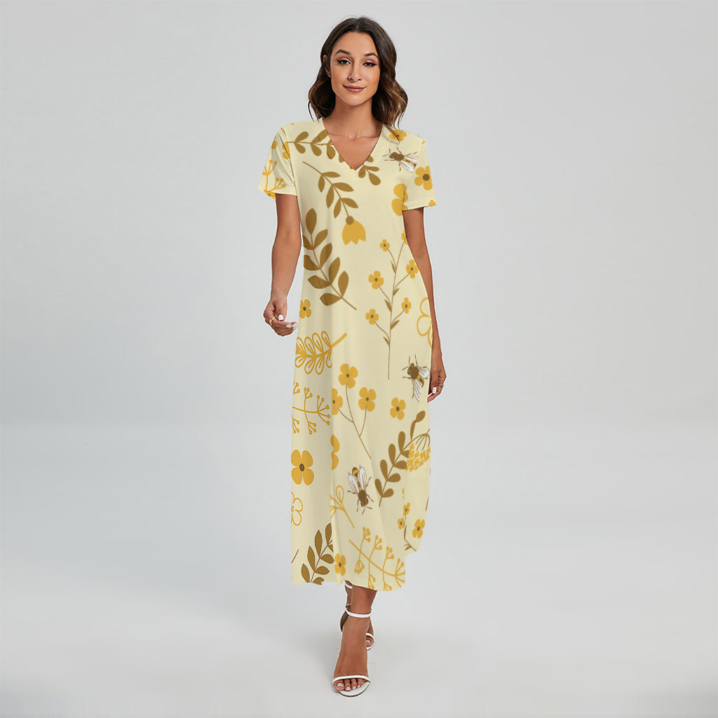 Flower Bee Pattern Print Short Sleeve Maxi Dress