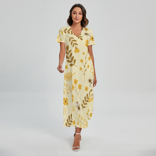 Flower Bee Pattern Print Short Sleeve Maxi Dress