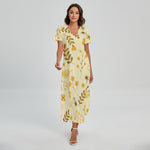 Flower Bee Pattern Print Short Sleeve Maxi Dress