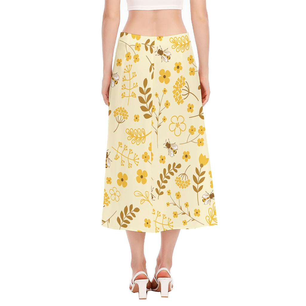 Flower Bee Pattern Print Side Slit Midi Skirt