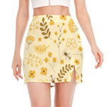 Flower Bee Pattern Print Side Slit Mini Skirt