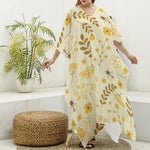 Flower Bee Pattern Print Silk V-Neck Kaftan Dress