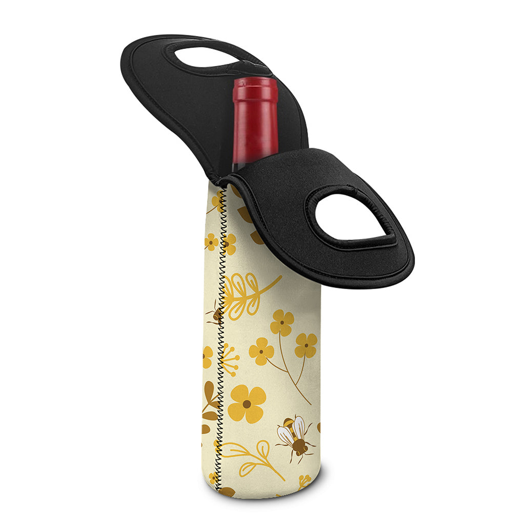 Flower Bee Pattern Print Single Neoprene Wine Tote