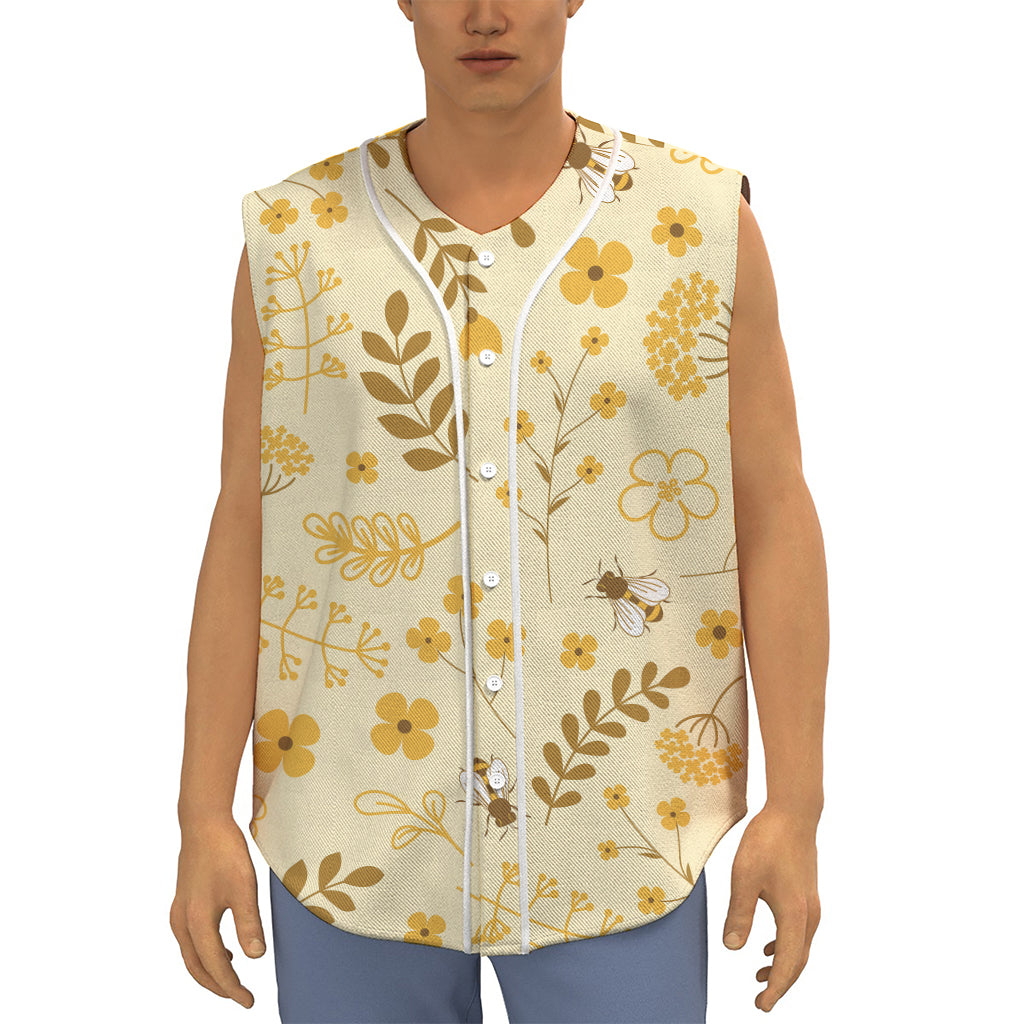 Flower Bee Pattern Print Sleeveless Baseball Jersey