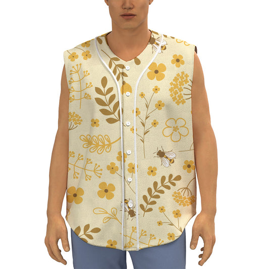 Flower Bee Pattern Print Sleeveless Baseball Jersey