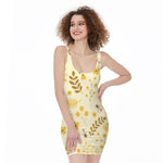 Flower Bee Pattern Print Sleeveless Bodycon Dress