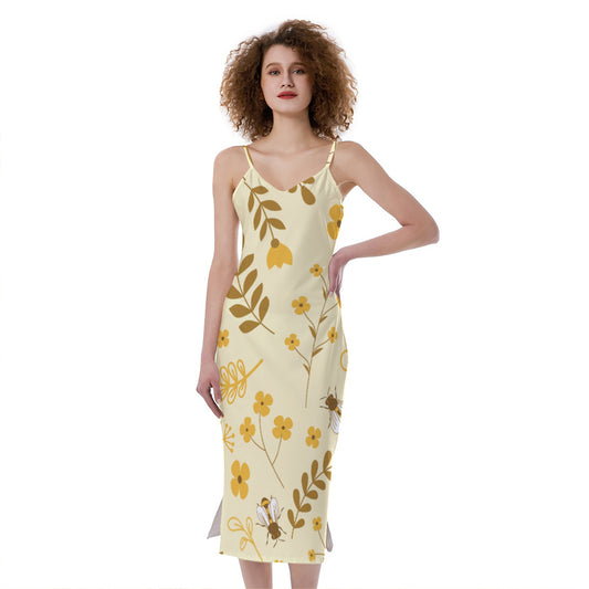 Flower Bee Pattern Print Slim Fit Midi Cami Dress
