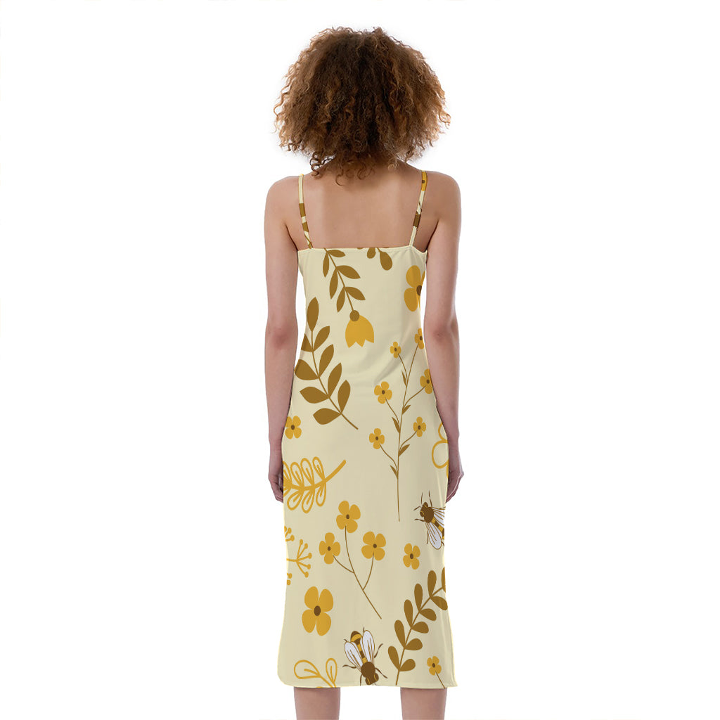 Flower Bee Pattern Print Slim Fit Midi Cami Dress