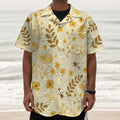 Flower Bee Pattern Print Textured Short Sleeve Shirt