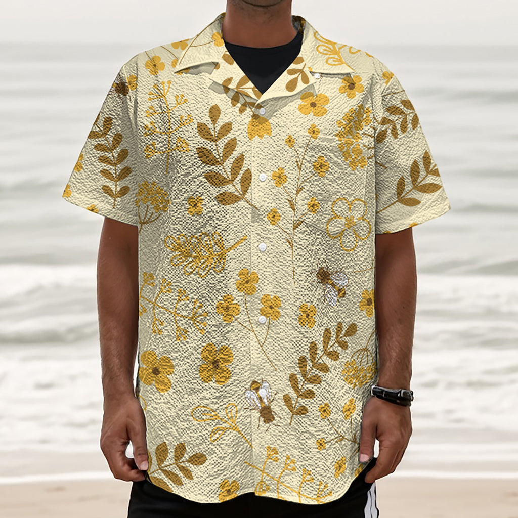 Flower Bee Pattern Print Textured Short Sleeve Shirt