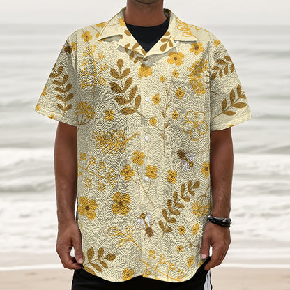 Flower Bee Pattern Print Textured Short Sleeve Shirt