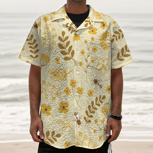 Flower Bee Pattern Print Textured Short Sleeve Shirt