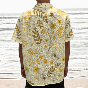 Flower Bee Pattern Print Textured Short Sleeve Shirt