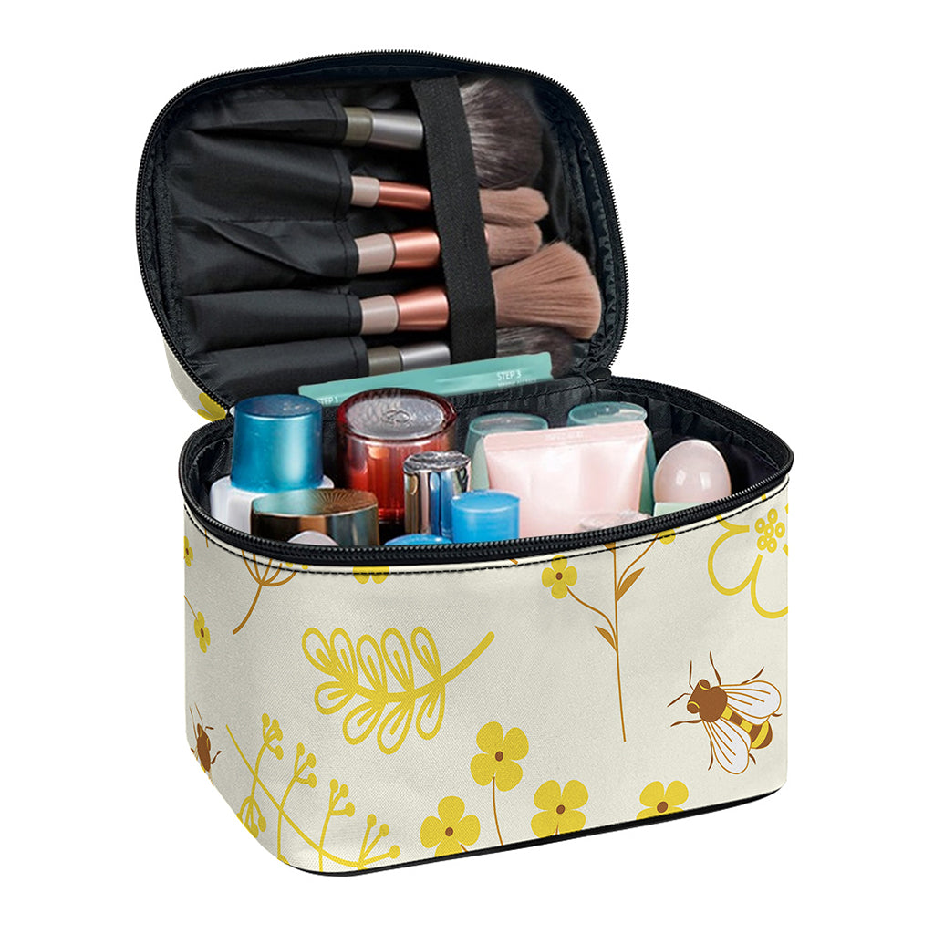 Flower Bee Pattern Print Travel Makeup Bag