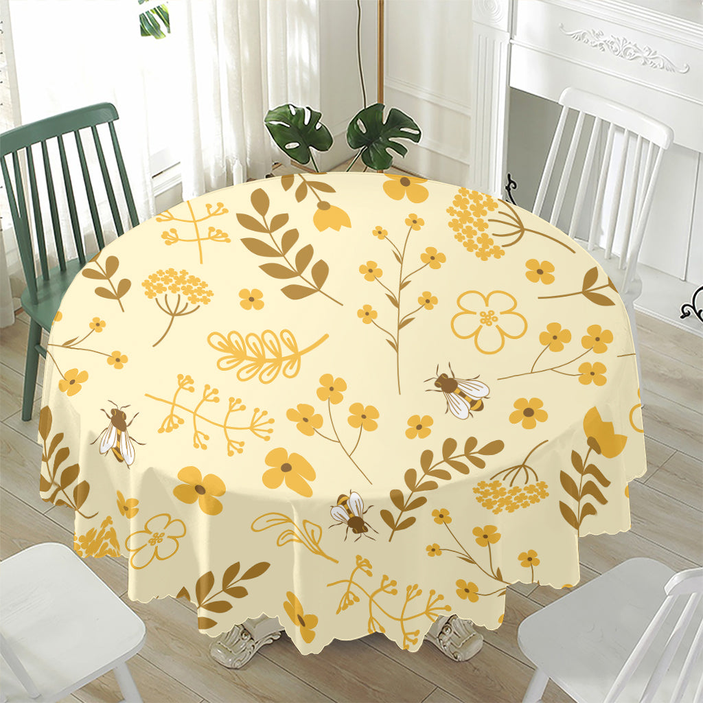 Flower Bee Pattern Print Waterproof Round Tablecloth