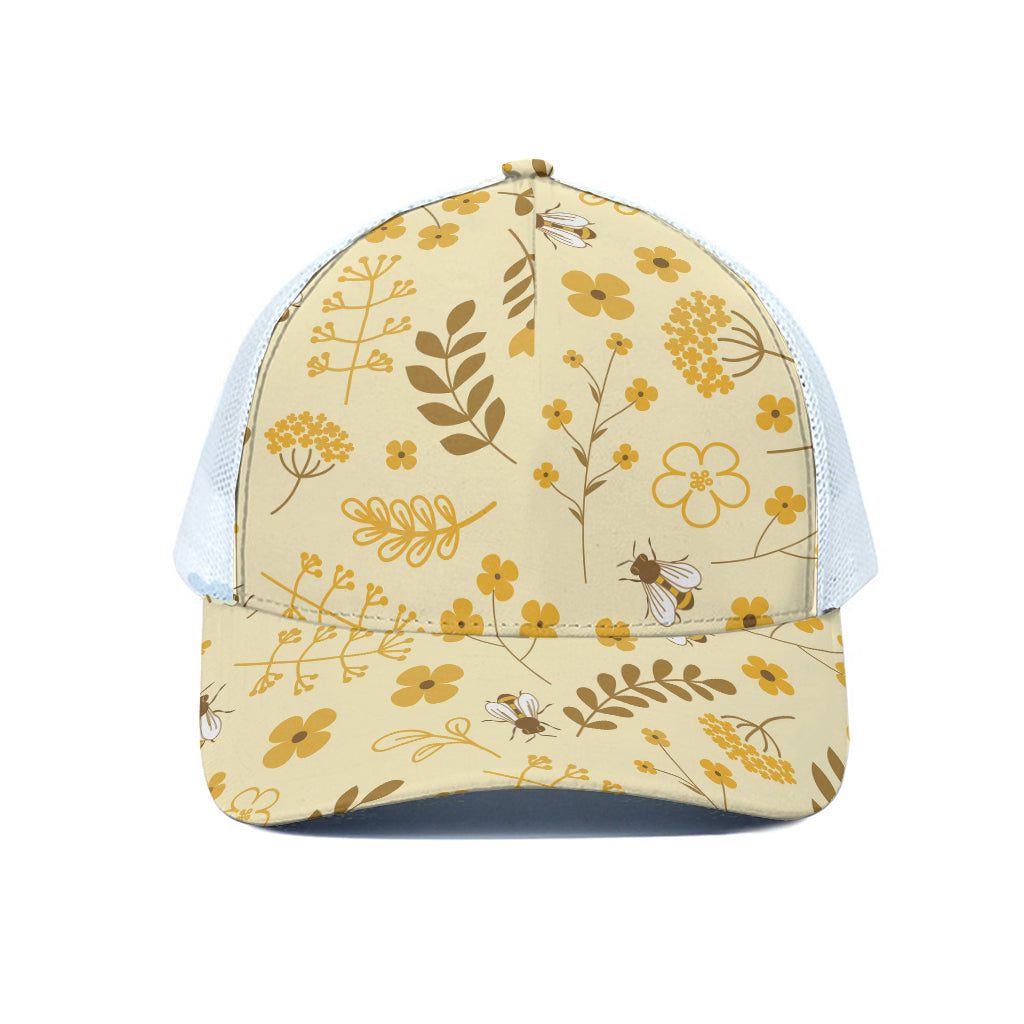 Flower Bee Pattern Print White Mesh Trucker Cap