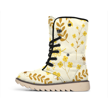 Flower Bee Pattern Print Winter Boots