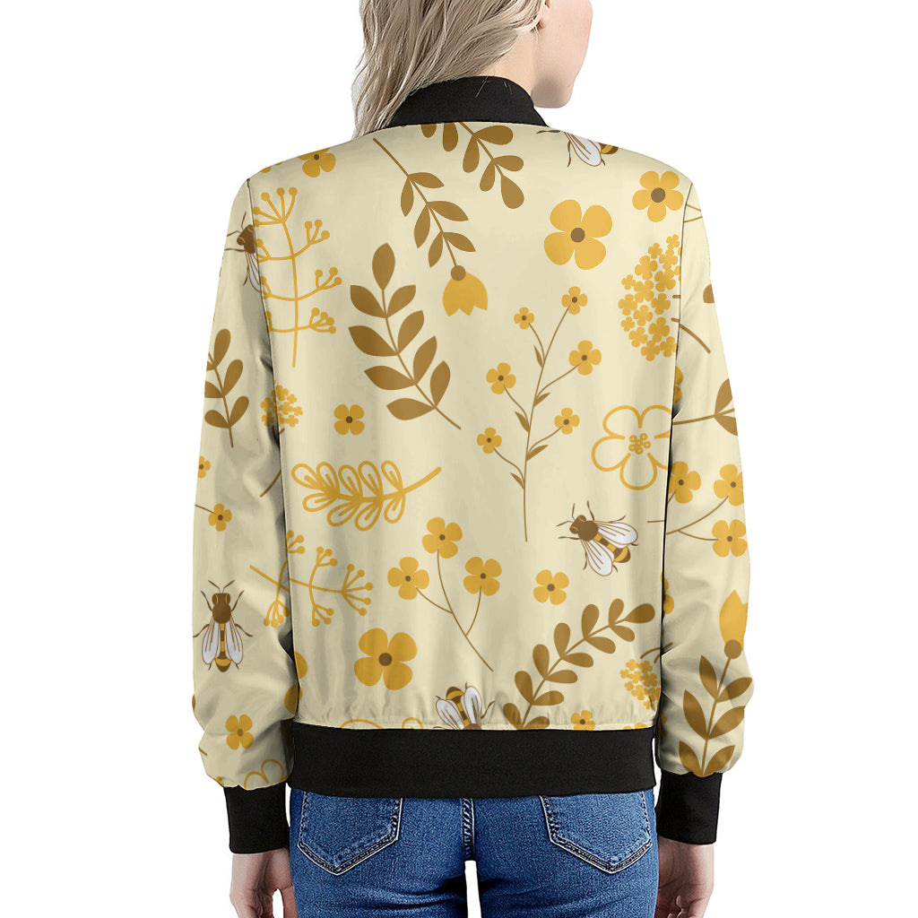 Flower Bee Pattern Print Women's Bomber Jacket