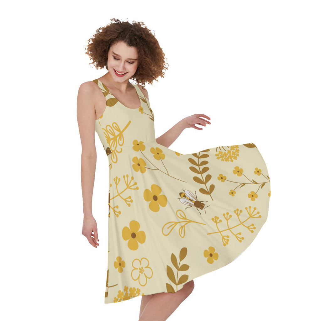 Flower Bee Pattern Print Women's Sleeveless Dress