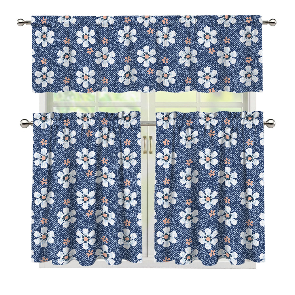 Flower Denim Jeans Pattern Print 3 Piece Kitchen Curtains
