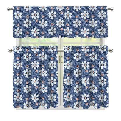Flower Denim Jeans Pattern Print 3 Piece Kitchen Curtains