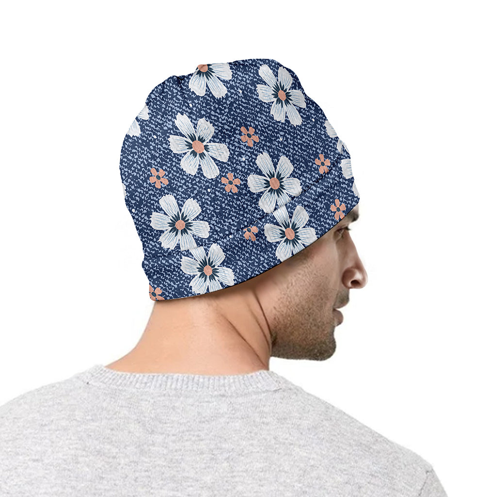 Flower Denim Jeans Pattern Print Beanie