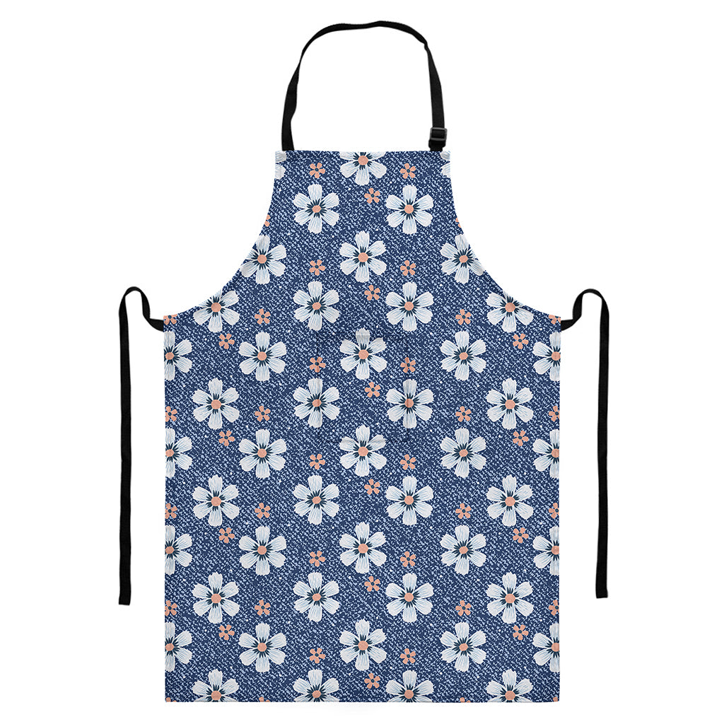 Flower Denim Jeans Pattern Print Bib Apron With Pocket