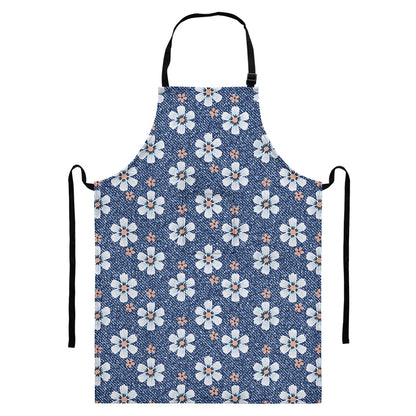 Flower Denim Jeans Pattern Print Bib Apron With Pocket