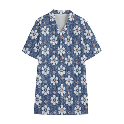 Flower Denim Jeans Pattern Print Cotton Hawaiian Shirt
