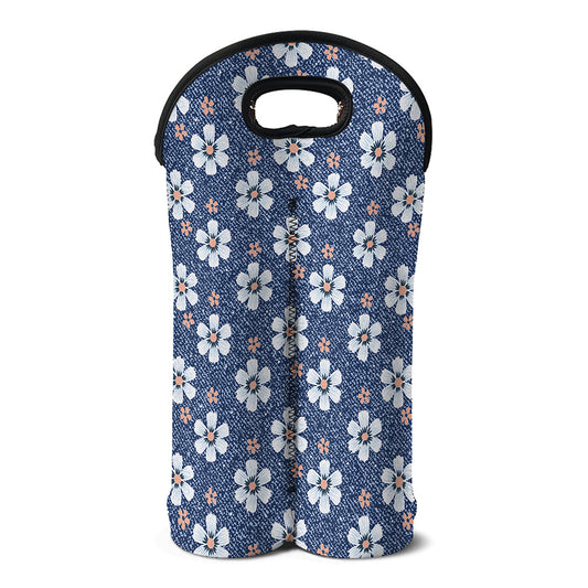 Flower Denim Jeans Pattern Print Double Neoprene Wine Tote