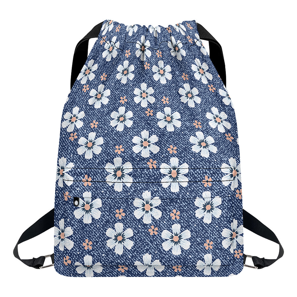Flower Denim Jeans Pattern Print Drawstring Backpack