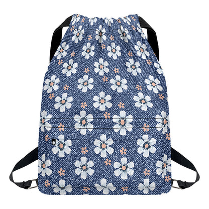 Flower Denim Jeans Pattern Print Drawstring Backpack