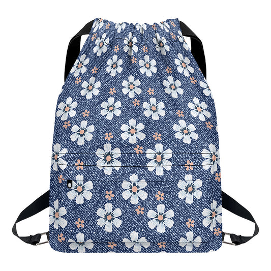 Flower Denim Jeans Pattern Print Drawstring Backpack