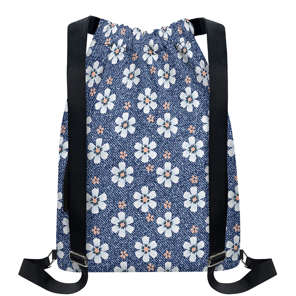 Flower Denim Jeans Pattern Print Drawstring Backpack