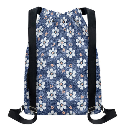 Flower Denim Jeans Pattern Print Drawstring Backpack